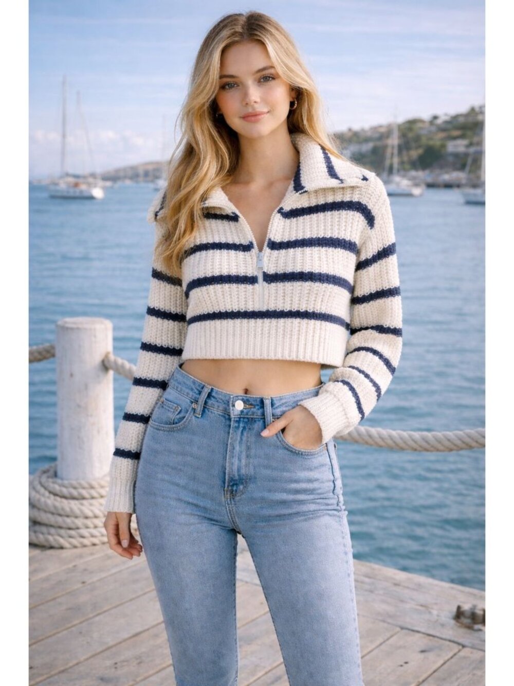 American Eagle Sweater Cropped Half Zip Navy Stripes Nautical Cowl Neck Preppy